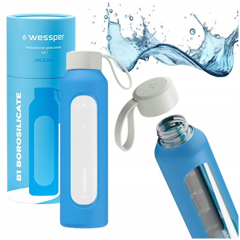 Butelka na wodę, Wessper B1, motywacyjna, z miarką, z etui, szkło borokrzemowe, bidon, 500ml, błękitna, 1szt