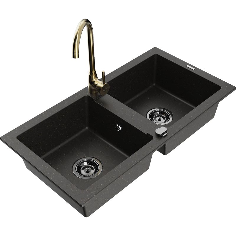 Zlewozmywak granitowy 2-komorowy Mexen Mario z baterią kuchenną Telma czarny/złoty 6504-75-670200-50-B