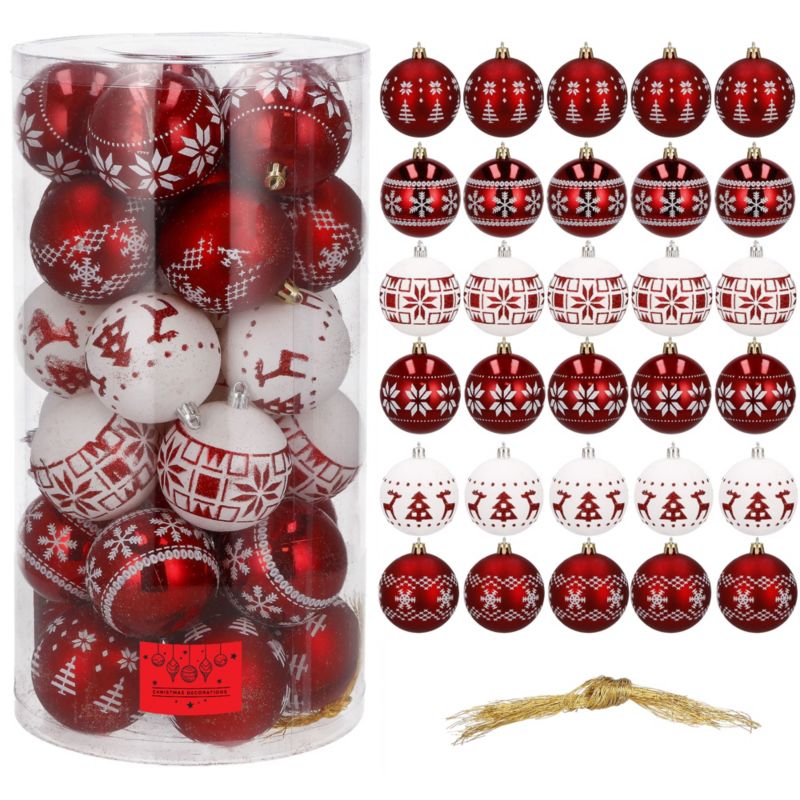 Bombki choinkowe Springos ozdoby świąteczne zestaw 6,5 cm biało-czerwone 30 szt.