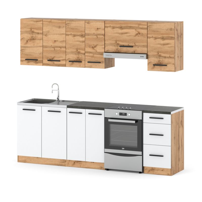 Zestaw Kuchenny Hurtownia-Mebli Z Blatem Kuchnia Mokka 240cm Dąb Wotan Dąb Wotan/Biały Mat 240x47x145 cm 1szt.