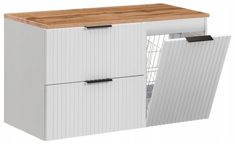 Szafka pod umywalkę Furnidea 100 cm biała ryflowana z koszem na pranie blat dąb wotan Adel 1 szt.