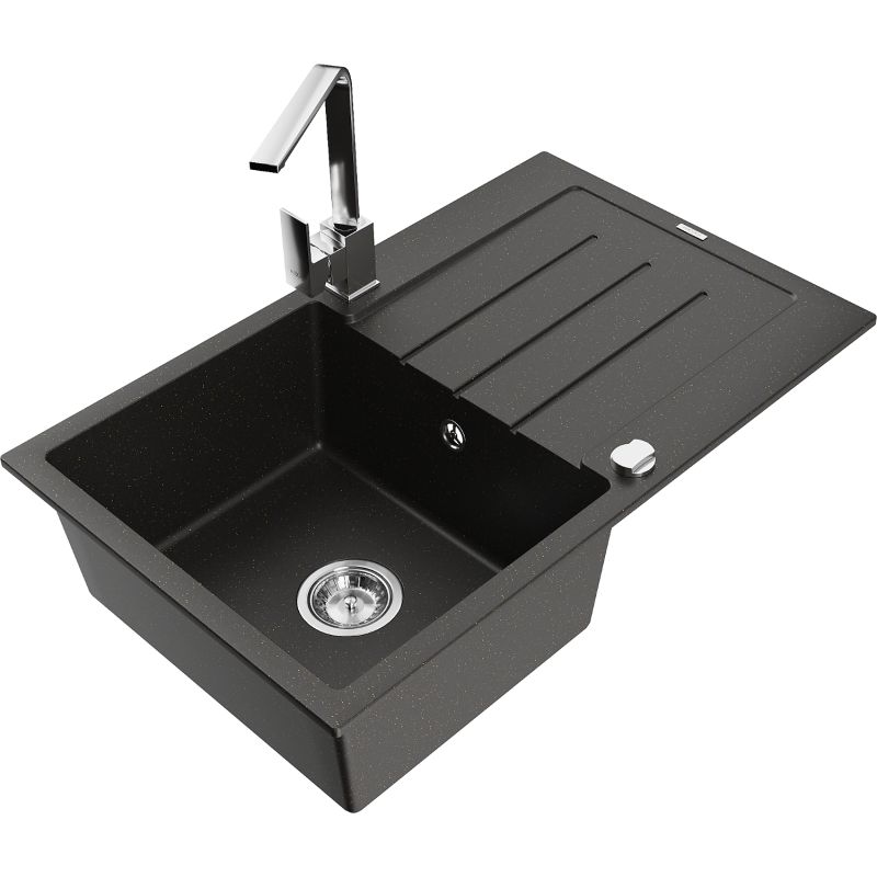 Zlewozmywak granitowy 1-komorowy Mexen Bruno z ociekaczem i baterią kuchenną Rita czarny/złoty metalik 6513-75-670300-00