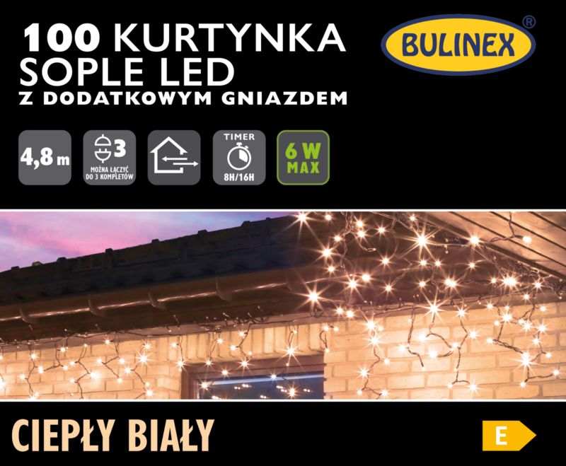 Kurtyna zewnętrzna Bulinex sople 100 LED 4,8 m barwa ciepła biała