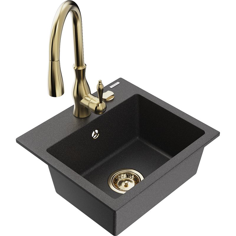 Zlewozmywak granitowy 1-komorowy Mexen Milo z baterią kuchenną Savita czarny nakrapiany 6505-76-672601-50