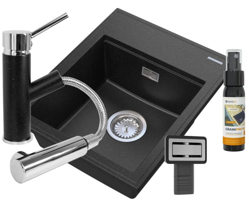 Zlewozmywak Granitowy Jednokomorowy Granitan Alor Czarny nakrapiany Zestaw Zlewozmywak Bateria Cado czarna nakrapianaSyfon 1 kpl.