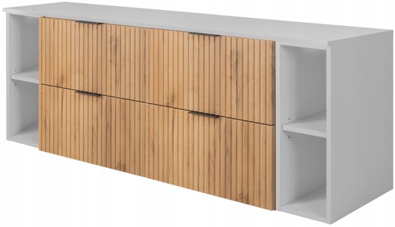 Szafka łazienkowa Furnidea 160 cm wisząca dąb craft złoty z białym blatem i regałami Flow 1 szt.