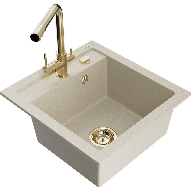 Zlewozmywak granitowy 1-komorowy Mexen Vito z baterią kuchenną Duero beżowy 6503-69-671600-50