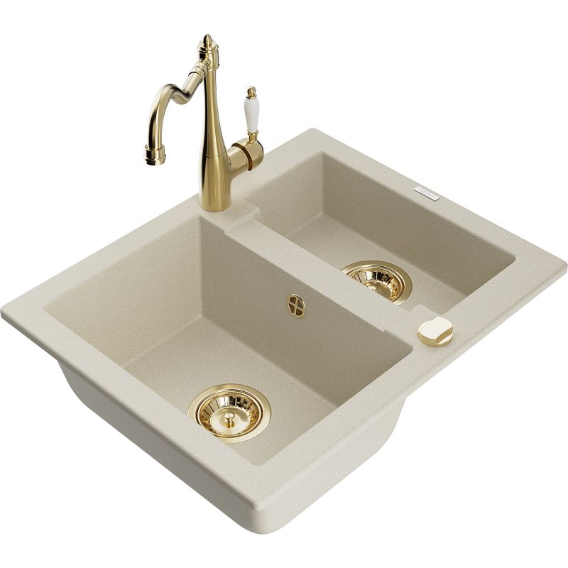 Zlewozmywak granitowy 1.5-komorowy Mexen Carlos z baterią kuchenną Carla beżowy 6518-69-670700-50