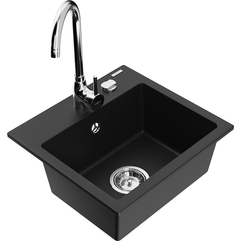 Zlewozmywak granitowy 1-komorowy Mexen Milo z baterią kuchenną Telma czarny 1 kpl.
