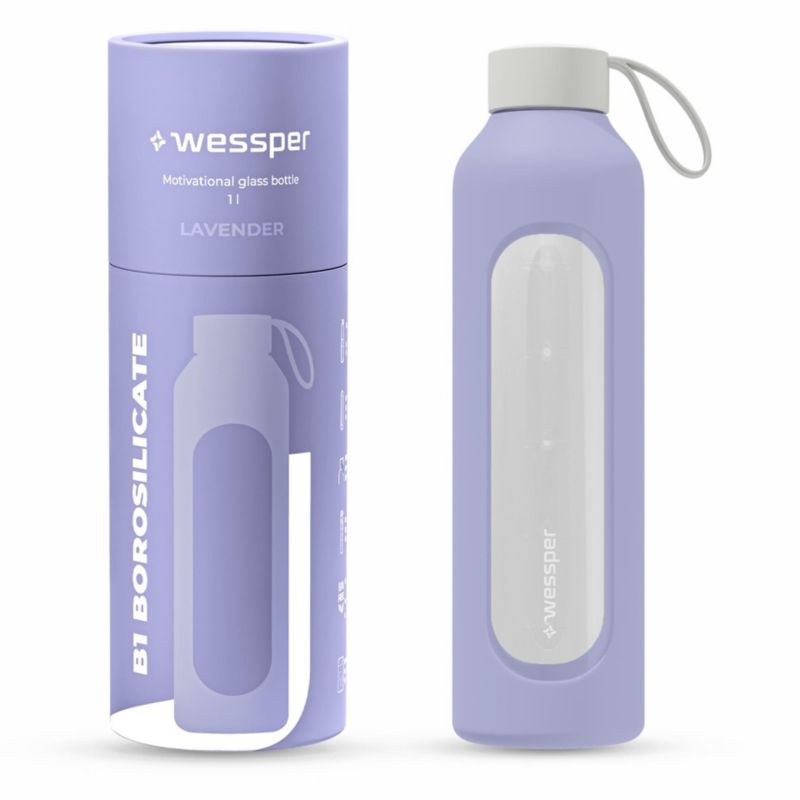 Butelka na wodę, Wessper B1, motywacyjna, z miarką, z etui silikonowym, szkło borokrzemowe, bidon, 1000ml, lawendowa, 1szt