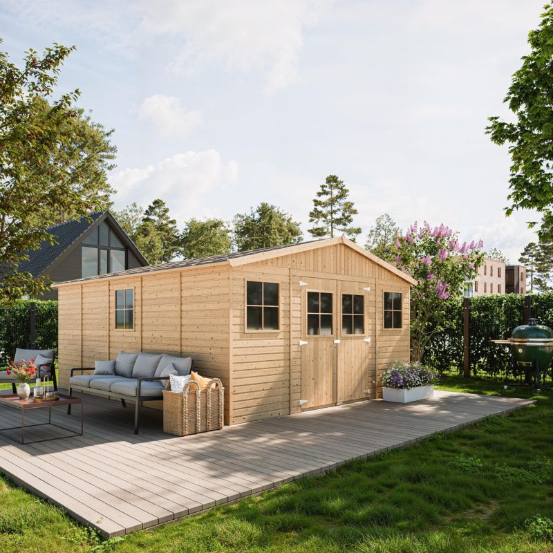 Drewniany domek ogrodowy Timbela 20 m² M333 Konstrukcja panelowa, drewno naturalne, grubość deski 17 mm, 1 szt.