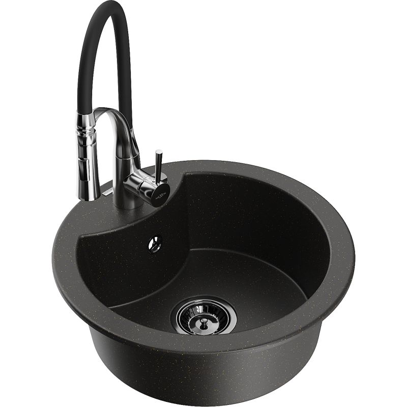 Zlewozmywak granitowy 1-komorowy Mexen Diego z baterią kuchenną Aster czarny/złoty metalik 6512-75-73450-07-B