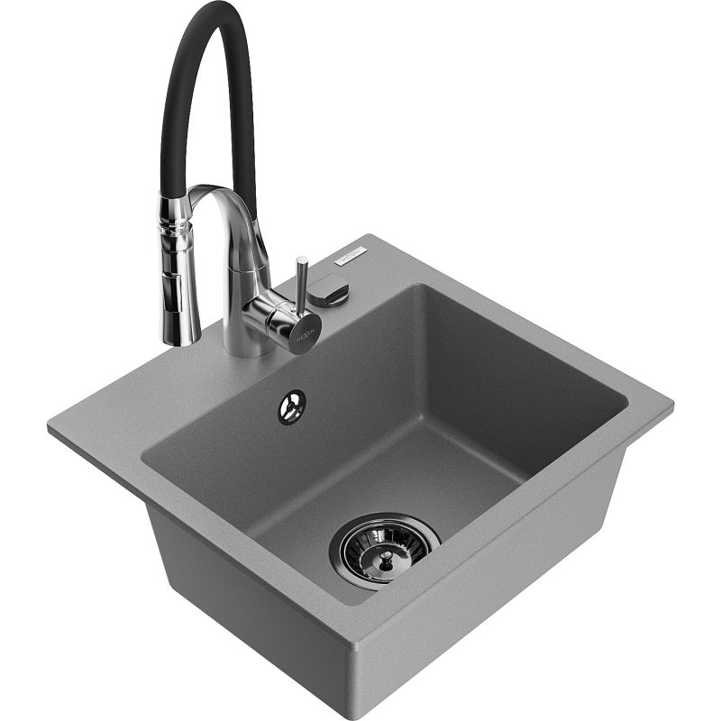 Zlewozmywak granitowy 1-komorowy Mexen Milo z baterią kuchenną Aster szary 6505-71-73450-07-B