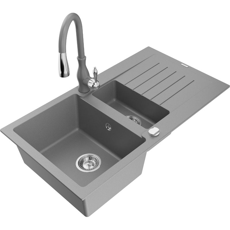 Zlewozmywak granitowy 1.5-komorowy Mexen Matias z ociekaczem i baterią kuchenną Telma beżowy - 6502-69-670200-69 1 szt.