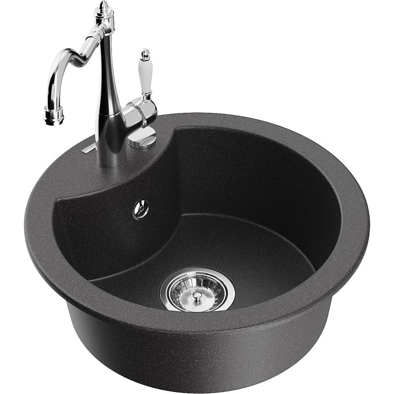 Zlewozmywak granitowy 1-komorowy Mexen Diego z baterią kuchenną Carla czarny nakrapiany - 6512-76-670700-70-B 1 szt.