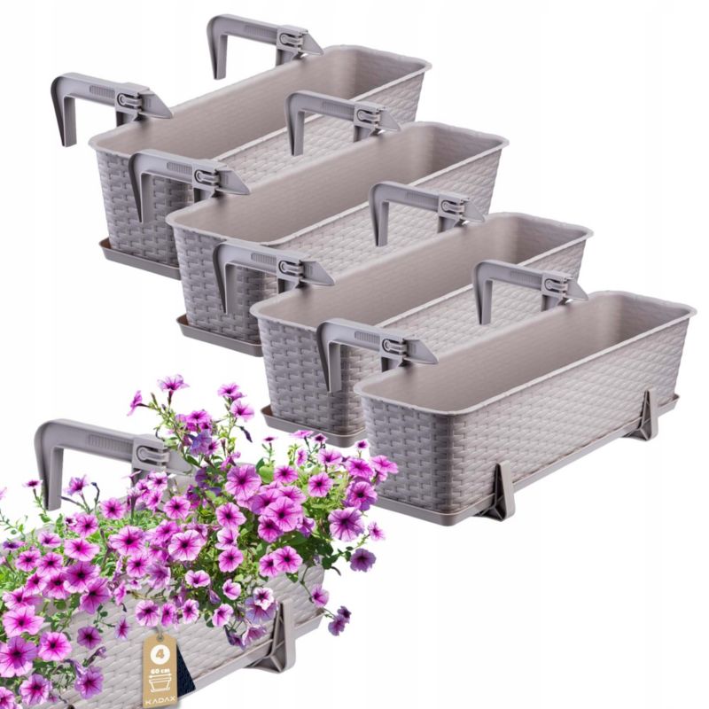 Skrzynka Balkonowa KADAX Doniczka Donica 60cm Uchwyty Podstawka Karmelowa 4szt