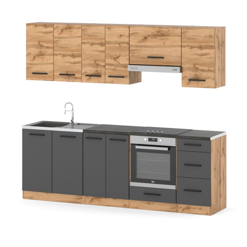 Zestaw Kuchenny Hurtownia-Mebli Z Blatem Kuchnia Mokka Plus 240cm Dąb Wotan Dąb Wotan/Szary Mat 240x47x145 cm 1szt.