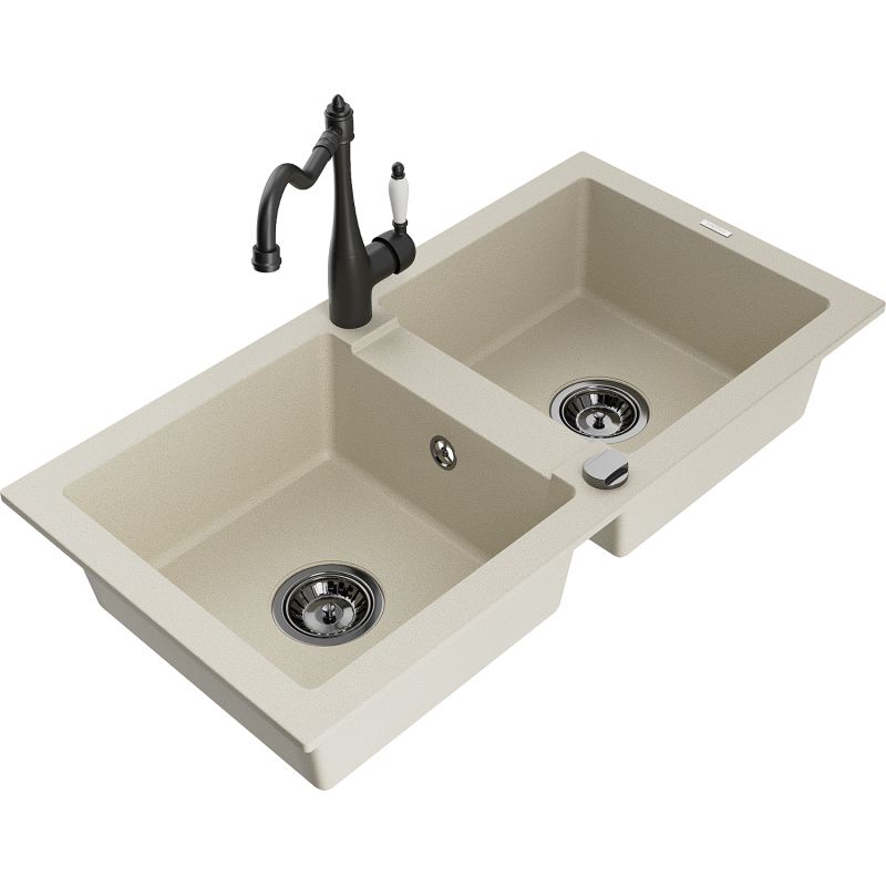 Zlewozmywak granitowy 2-komorowy Mexen Mario z baterią kuchenną Carla biały - 6504-20-670700-70 1 szt.