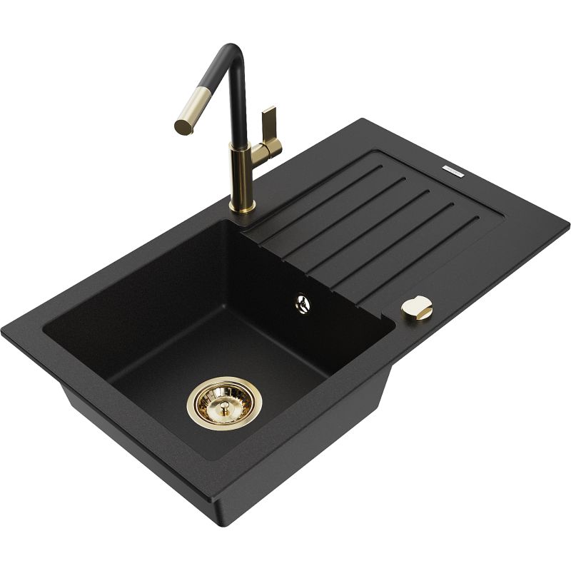 Zlewozmywak granitowy 1-komorowy Mexen Pablo z ociekaczem i baterią kuchenną Flora czarny 6510-77-670401-57-G