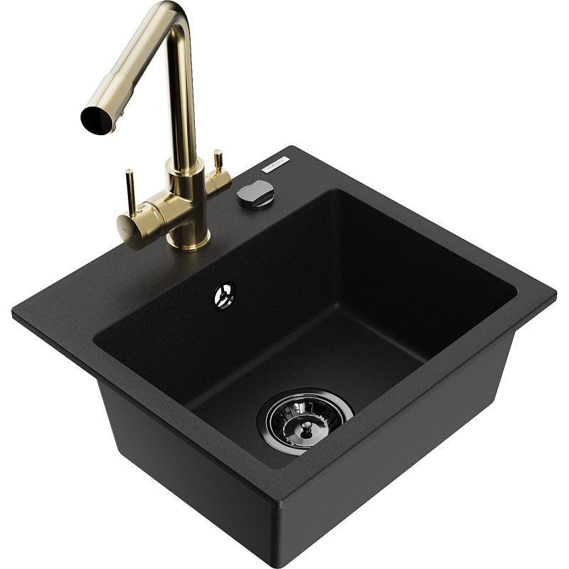 Zlewozmywak granitowy 1-komorowy Mexen Milo z baterią kuchenną Duero czarny - 6505-77-671600-00 1 szt.