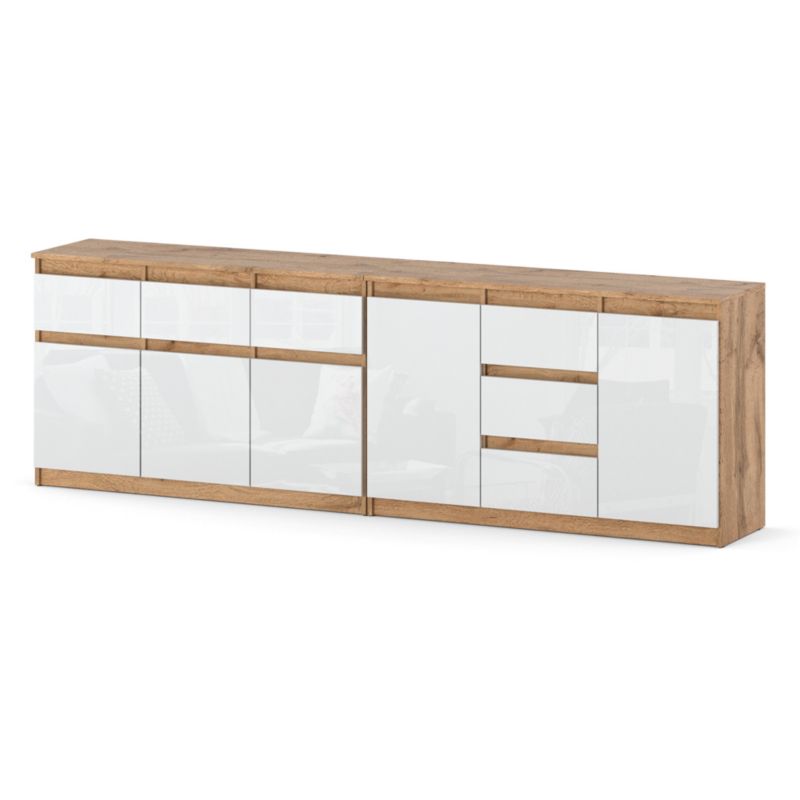 Komoda Hurtownia-Mebli Szuflady 6 Agnolia Best 240cm Dąb Wotan Biały Połysk 240x35x75 cm 1szt.