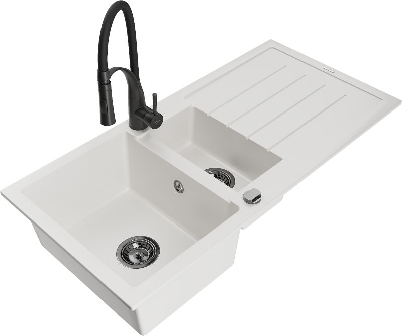 Zlewozmywak granitowy Mexen Andres 1,5-komorowy z ociekaczem i baterią kuchenną Carla beżowy - 6515-69-670700-70 1 szt.