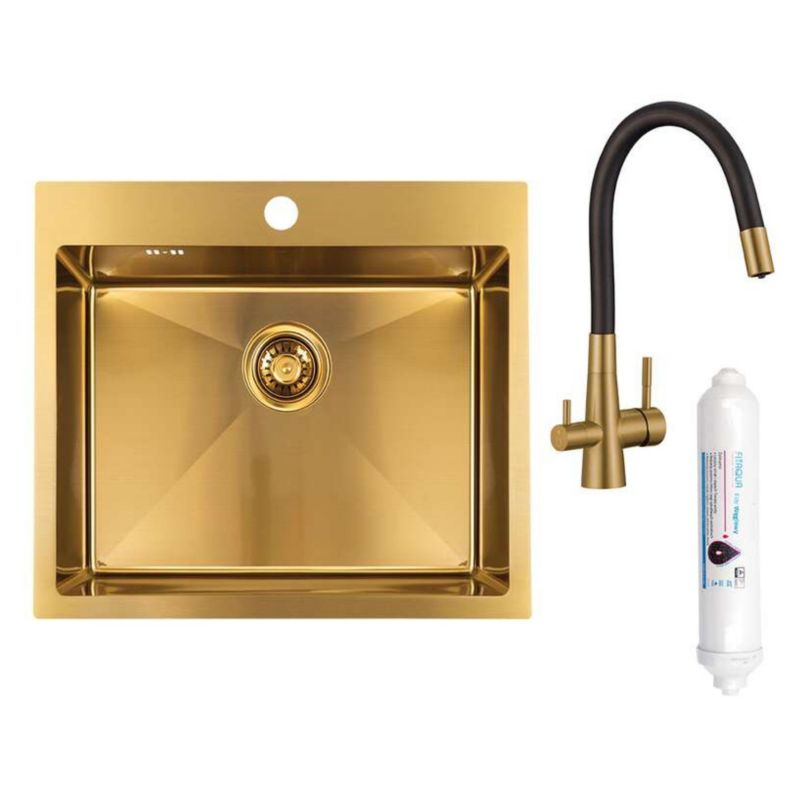 Zlewozmywak Jednokomorowy Laveo, Malawi, Złoty, Syfon i Bateria Filtrujaca Wodę, 1szt.