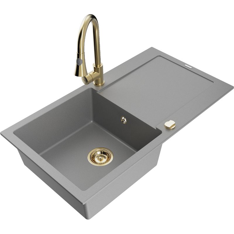 Zlewozmywak granitowy 1-komorowy Mexen Leo z ociekaczem i baterią kuchenną Elia szary 6501-71-670101-50