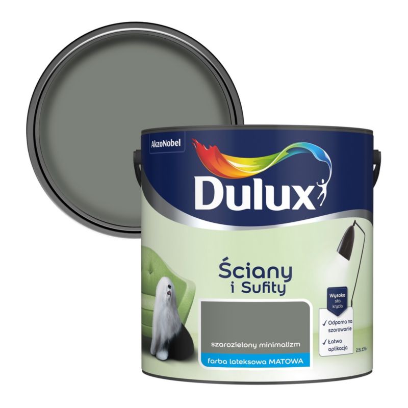 Farba plamoodporna Dulux Ściany i Sufity szarozielony minimalizm 2,5 l