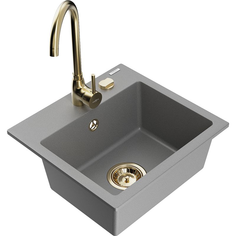 Zlewozmywak granitowy 1-komorowy Mexen Milo z baterią kuchenną Telma szary 6505-71-670200-50