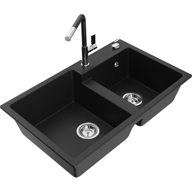 Zlewozmywak granitowy 2-komorowy Mexen Tomas z baterią kuchenną Flora czarny 6516-77-670401-07