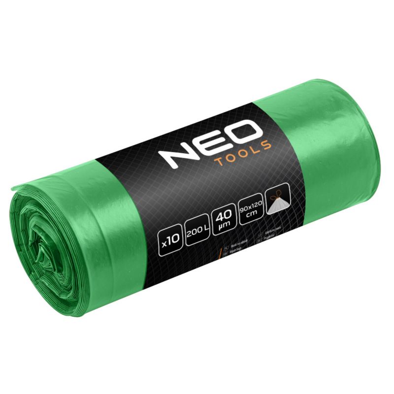 Worki na odpady NEO TOOLS 120 L, zielone z taśmą, 40 mic, 10 szt. 1 kpl