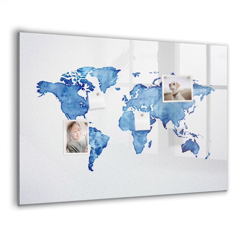 Szklana tablica magnetyczna Wallfluent 100x70 cm Mapa świata akwarele Czarny marker 1 szt.
