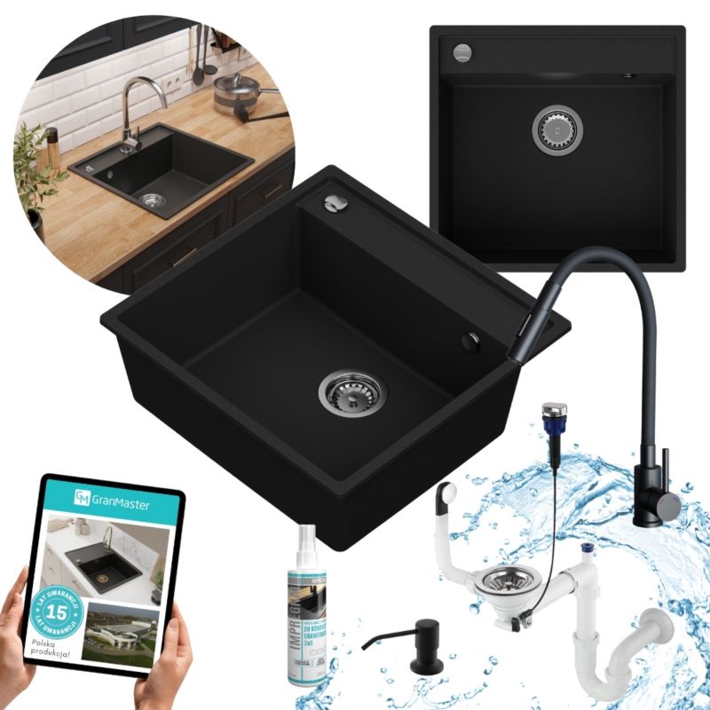 Zestaw zlewozmywak kuchenny GranMaster Magma 1-komorowy, baterią, impregnatem i dozownikiem płynu, czarny metalik 1szt.