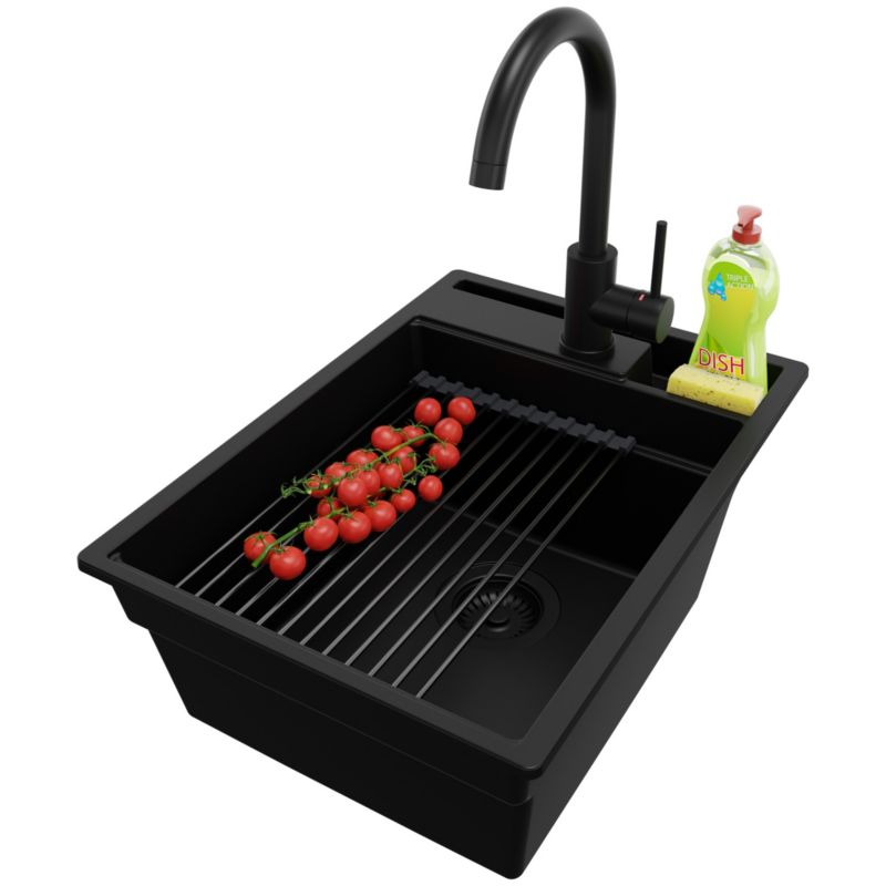 Zlewozmywak Granitowy Oslo Pocket PRIMAGRAN Nablatowy 38x53cm do szafki od 40cm z Syfonem i Baterią i Dodatkiem Cały Czarny 1 szt.