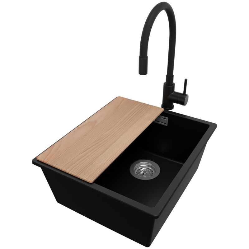 Zlewozmywak Granitowy Londyn Slim PRIMAGRAN Nablatowy 41x47cm do szafki od 45cm z Syfonem i Baterią i Dodatkiem Czarny 1 szt.