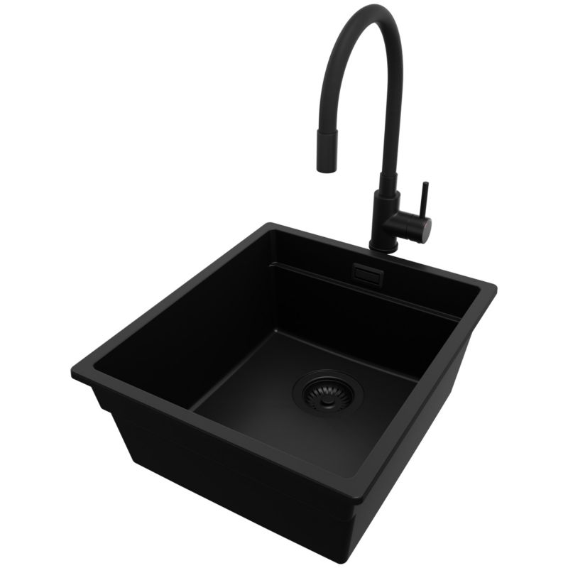 Zlewozmywak Granitowy Praga Slim PRIMAGRAN Nablatowy 41x47cm do szafki od 45cm z Syfonem i Baterią Cały Czarny 1 szt.