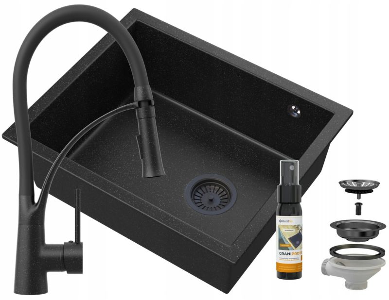 Zlewozmywak granitowy podblatowy Granitan Salix Czarny Bateria Nexo Czarna Syfon Czarny 1 kpt.