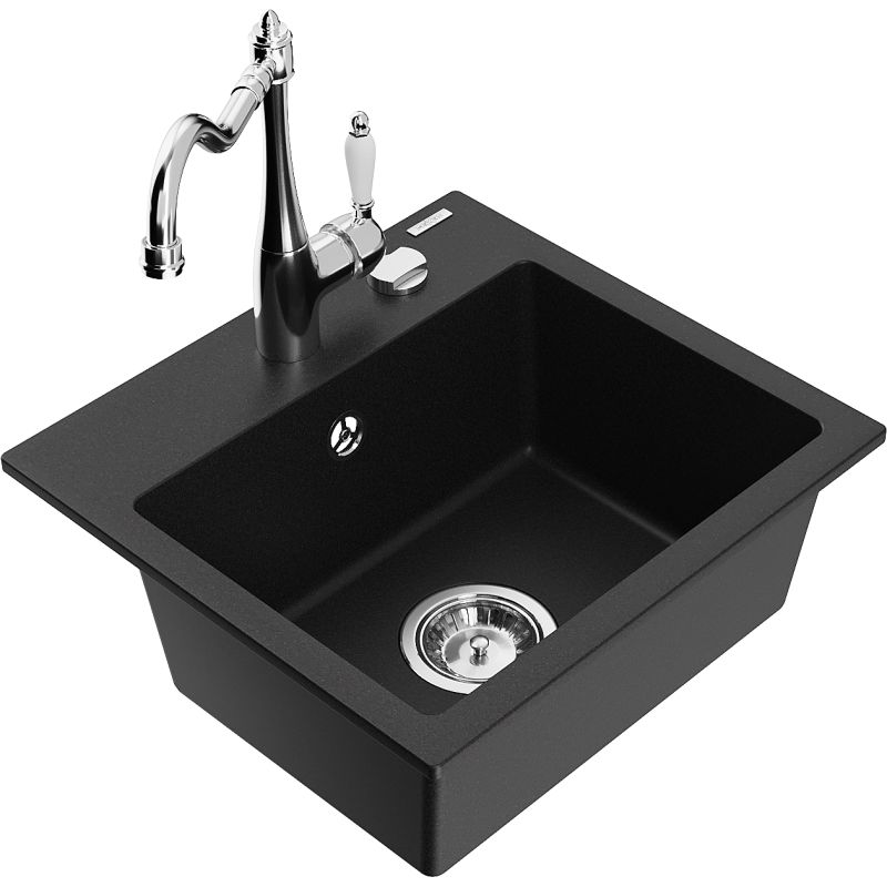 Zlewozmywak granitowy 1-komorowy Mexen Milo z baterią kuchenną Carla czarny nakrapiany - 6505-76-670700-76 1 szt.