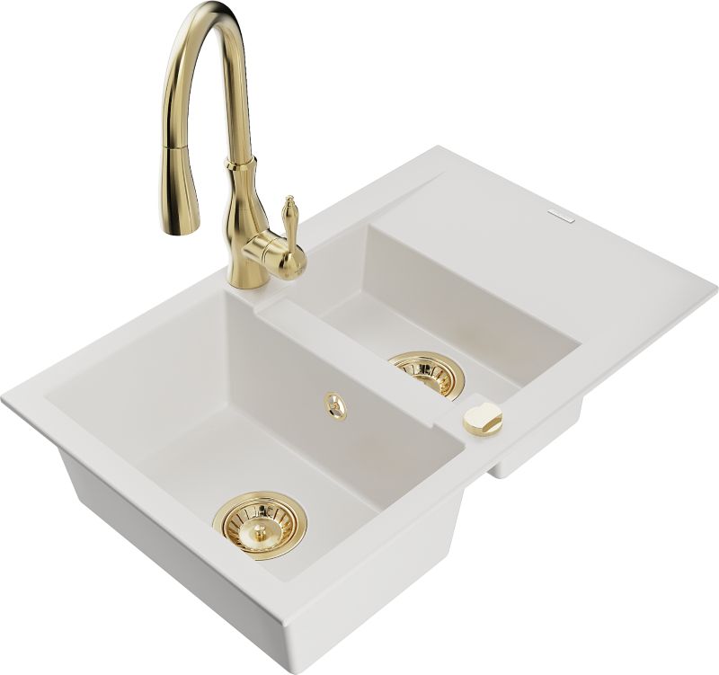 Zlewozmywak granitowy Mexen Gaspar 1,5-komorowy z ociekaczem i baterią kuchenną Savita biały 6507-20-672601-50