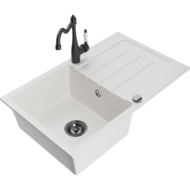 Zlewozmywak granitowy 1-komorowy Mexen Bruno z ociekaczem i baterią kuchenną Carla czarny - 6513-77-670700-70 1 szt.