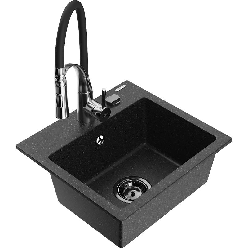 Zlewozmywak granitowy 1-komorowy Mexen Milo z baterią kuchenną Aster czarny/srebrny metalik 6505-73-73450-07-B