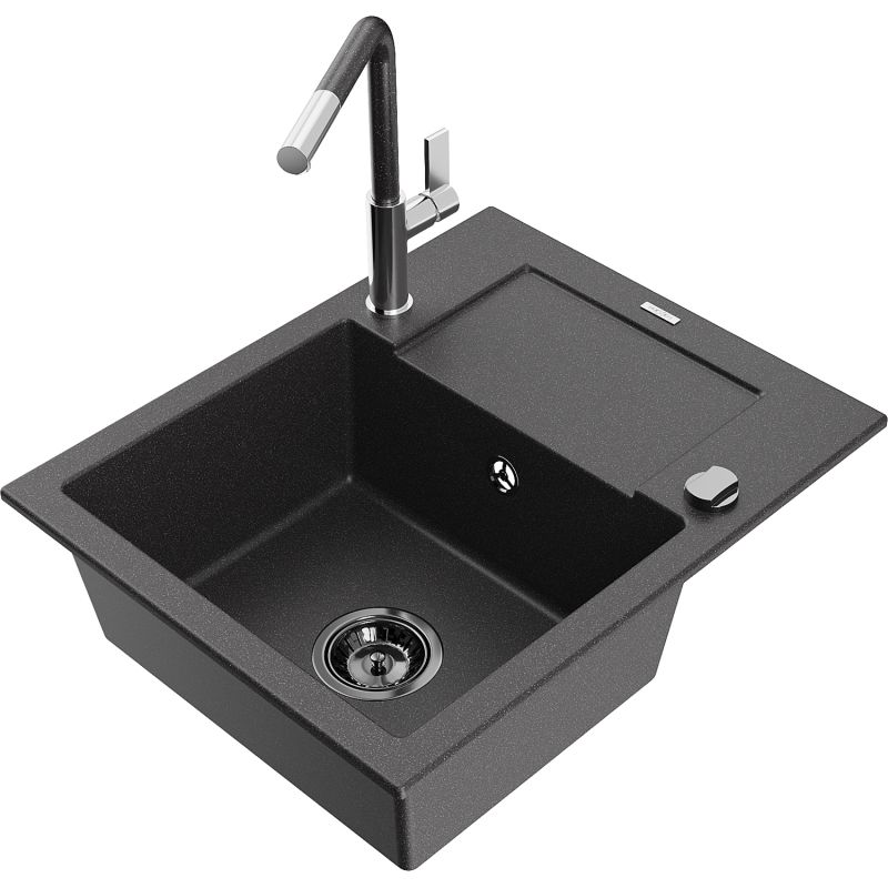 Zlewozmywak granitowy 1-komorowy Mexen Enzo z ociekaczem i baterią kuchenną Flora czarny nakrapiany 6506-76-670401-08-B