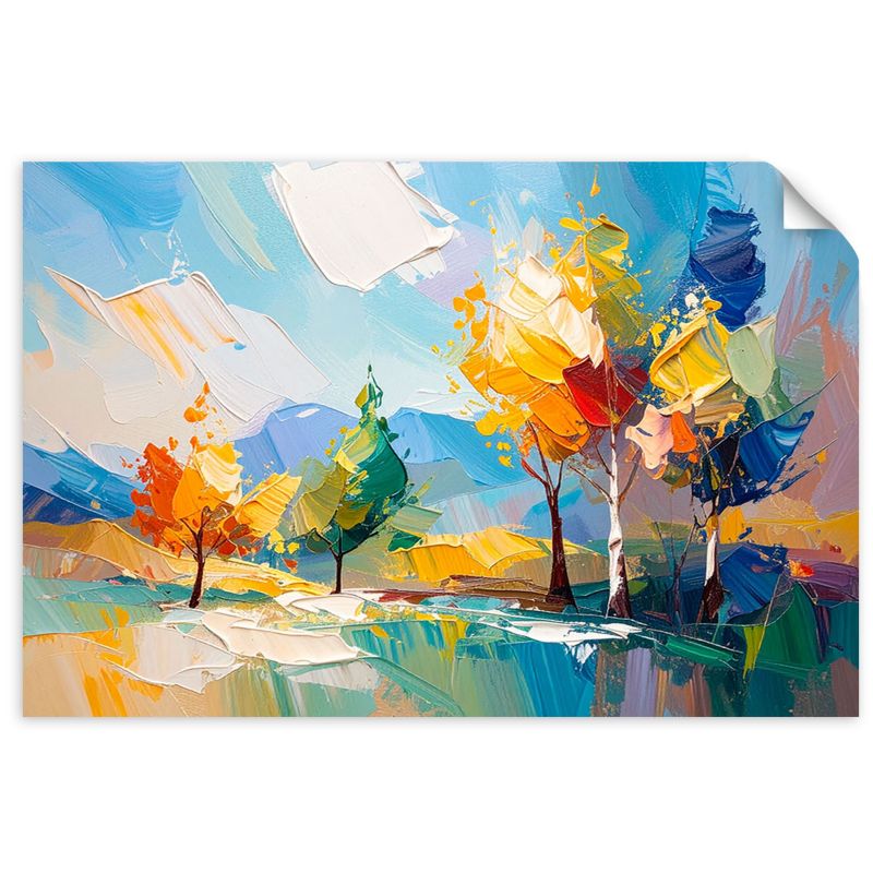 Naklejka na ścianę do salonu sypialni Feeby Kolorowy Pejzaż Drzewa Las imitacja farby olejnej 100x70cm 1szt