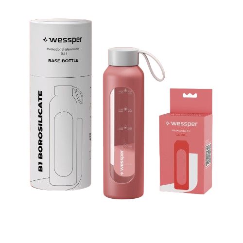 Butelka na wodę, Wessper B1, motywacyjna, z miarką, z etui, szkło borokrzemowe, bidon, 500ml, koralowa, 1szt
