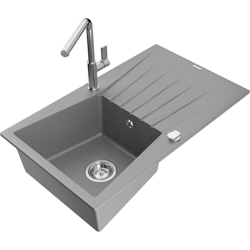 Zlewozmywak granitowy 1-komorowy Mexen Cesar z ociekaczem i baterią kuchenną Flora szary - 6514-71-670401-57-G 1 szt.