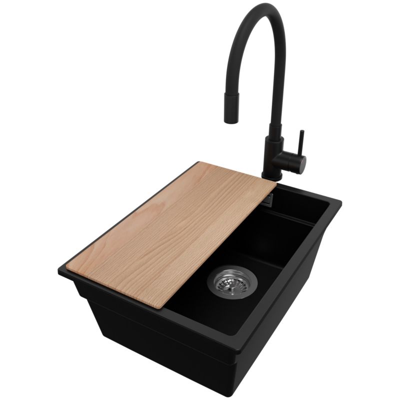 Zlewozmywak Granitowy Praga Slim PRIMAGRAN Nablatowy 36x47cm do szafki od 40cm z Syfonem i Baterią i Dodatkiem Czarny 1 szt.