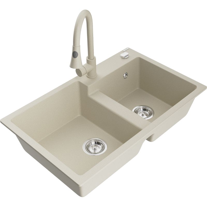 Zlewozmywak granitowy 2-komorowy Mexen Tomas z baterią kuchenną Elia beżowy 6516-69-670101-69