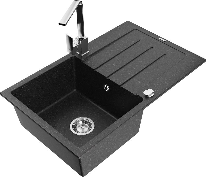 Zlewozmywak granitowy Mexen Bruno 1-komorowy z ociekaczem i baterią kuchenną Rita czarny/srebrny 6513-73-670300-00