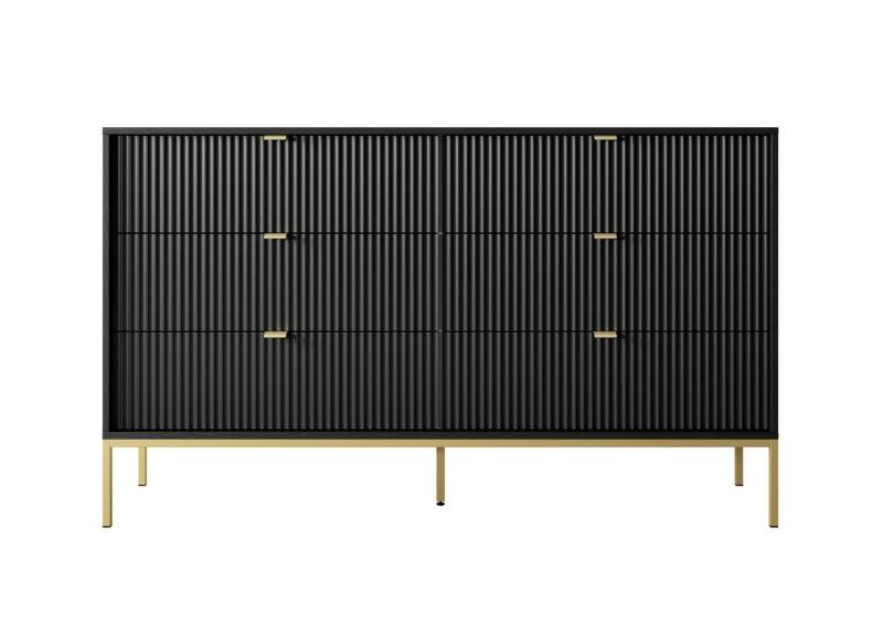 Komoda Almagro czarna ryflowana INTESI z 6 szufladami na złotych nogach 154 cm glamour 1 szt.